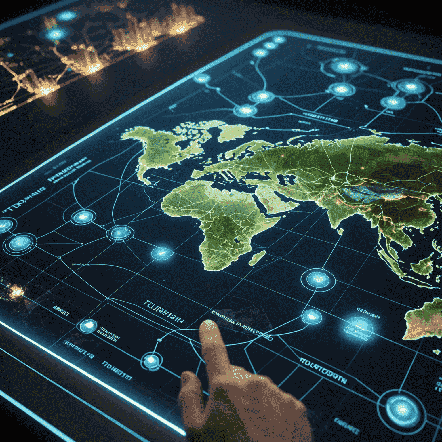 A futuristic travel interface showing a 3D holographic map with glowing tour routes and interactive points of interest. The image conveys a sense of high-tech exploration and discovery.