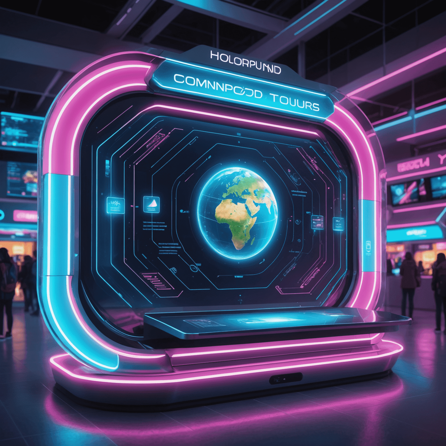 Futuristic travel concept with holographic displays showing Comnpound tours information, surrounded by neon blue and pink lights