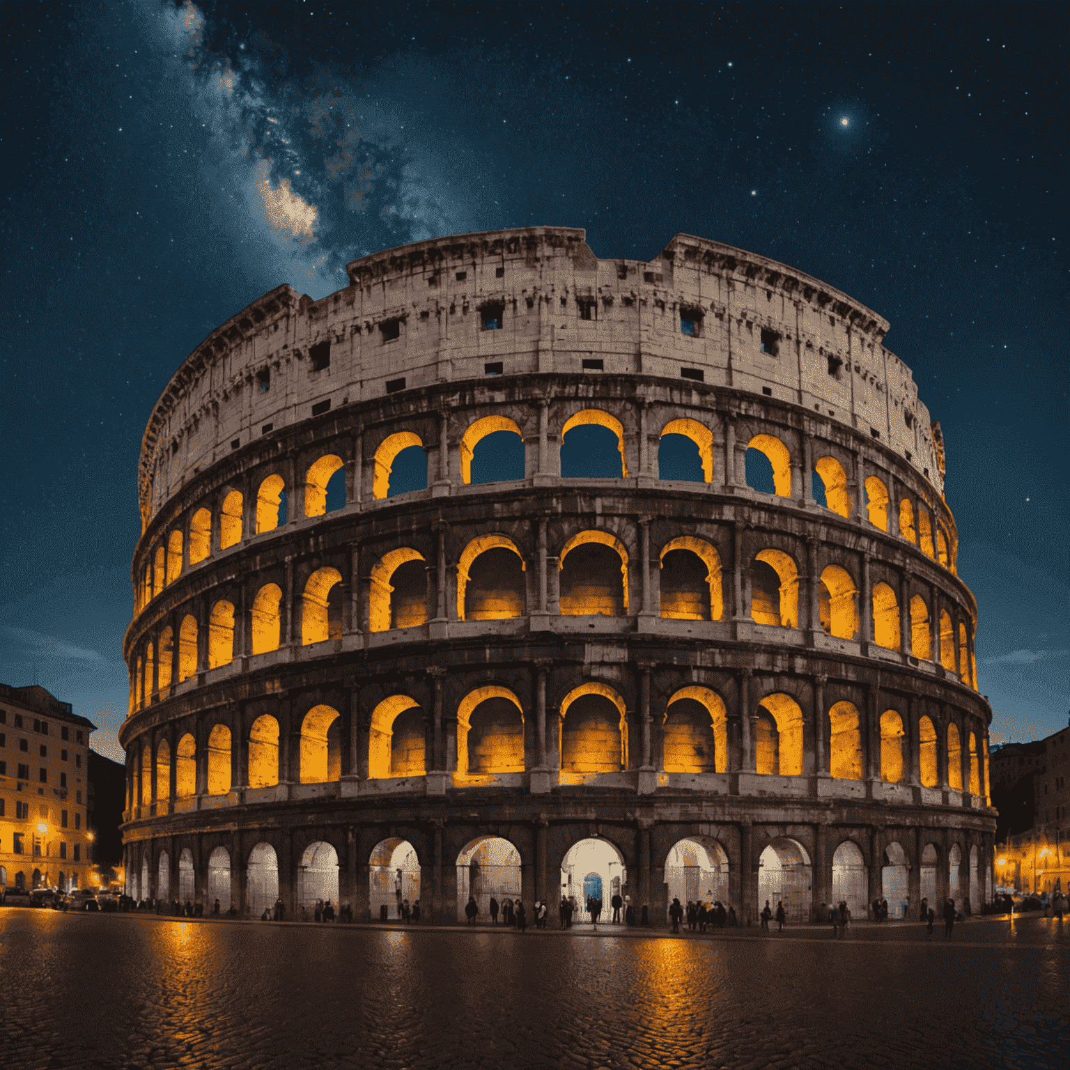 The Colosseum in Rome illuminated at night, showcasing its ancient architecture against a vibrant night sky