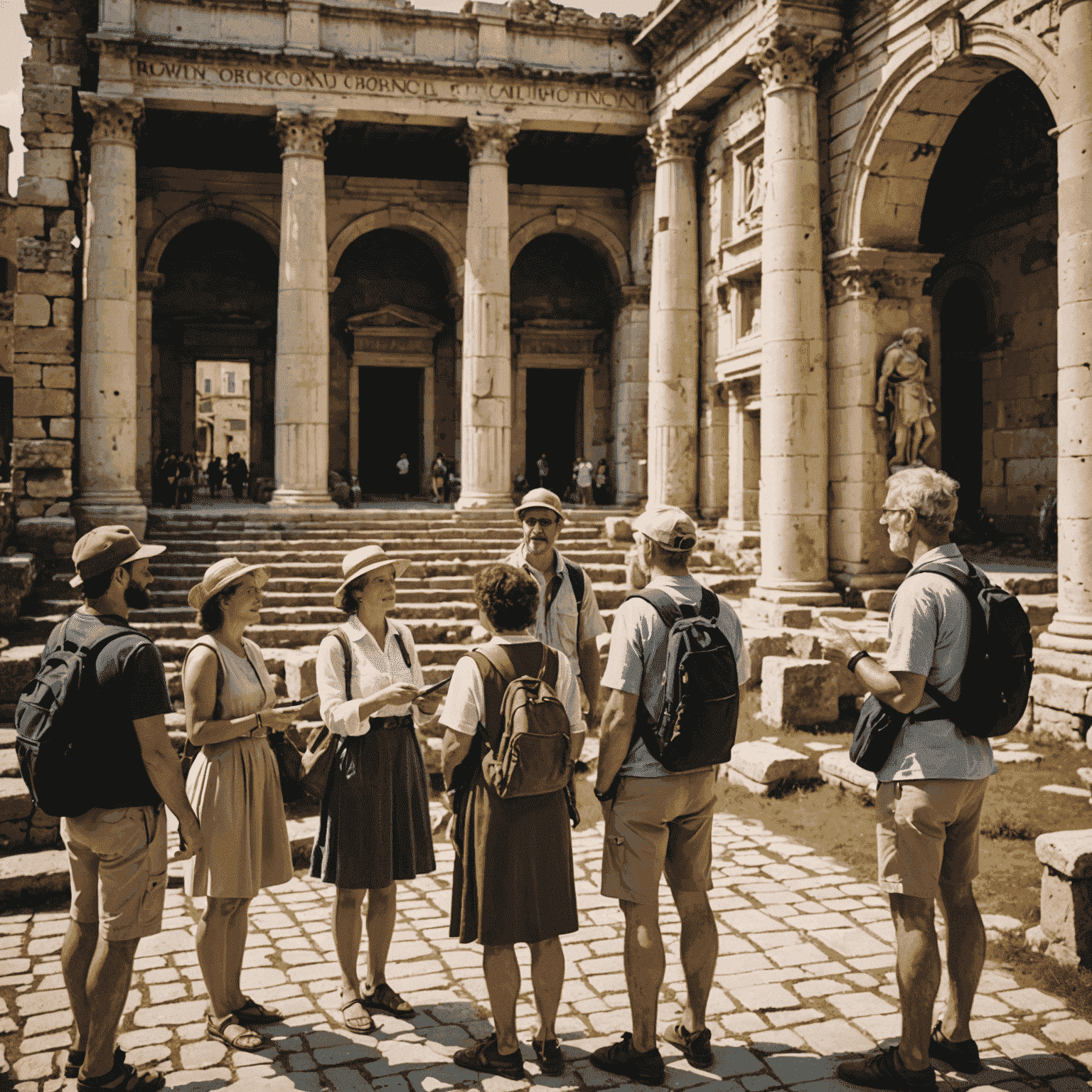 A group of tourists exploring ancient Roman ruins with an expert guide, pointing out architectural details and explaining historical significance