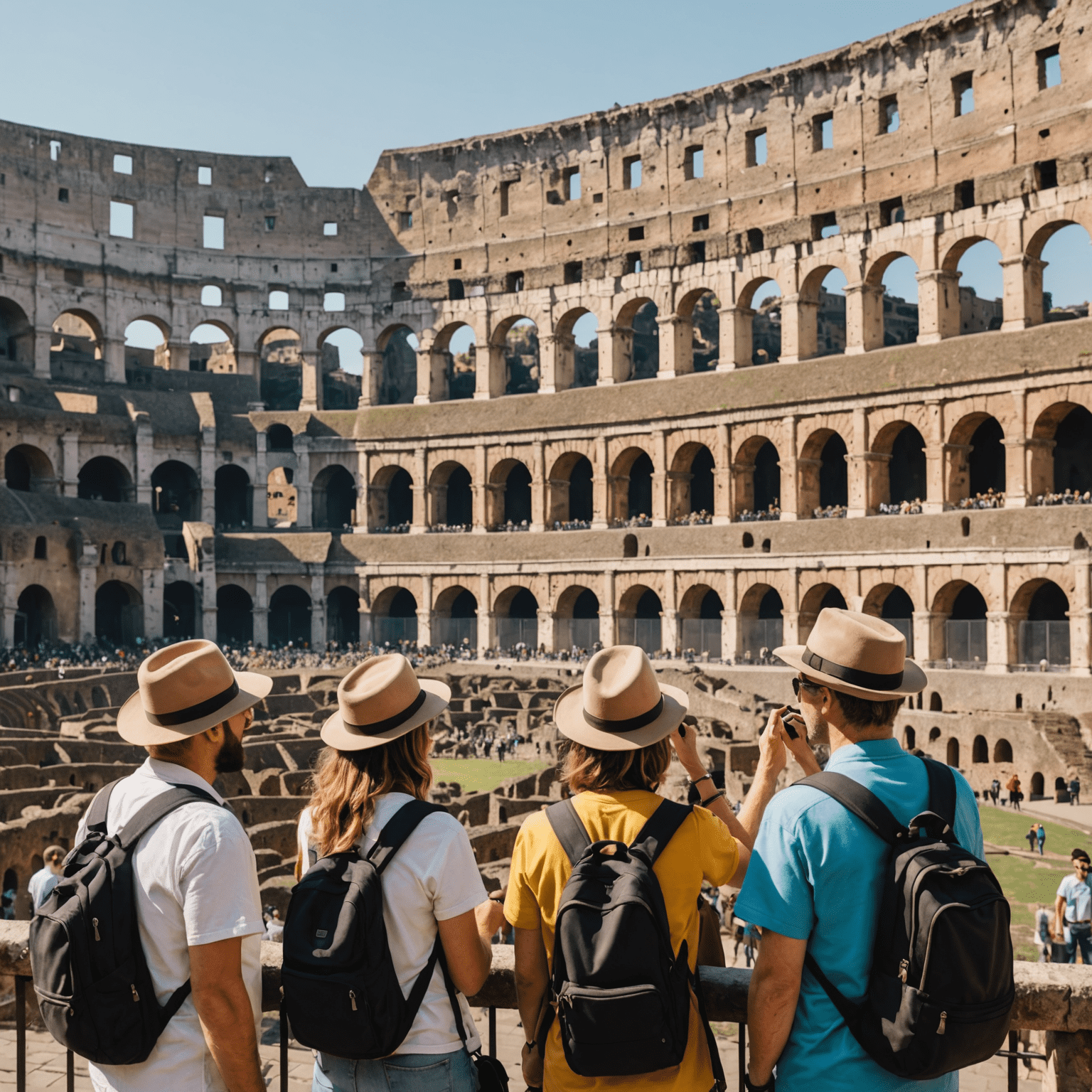 A group of tourists exploring the Colosseum in Rome, led by an enthusiastic guide pointing out architectural features