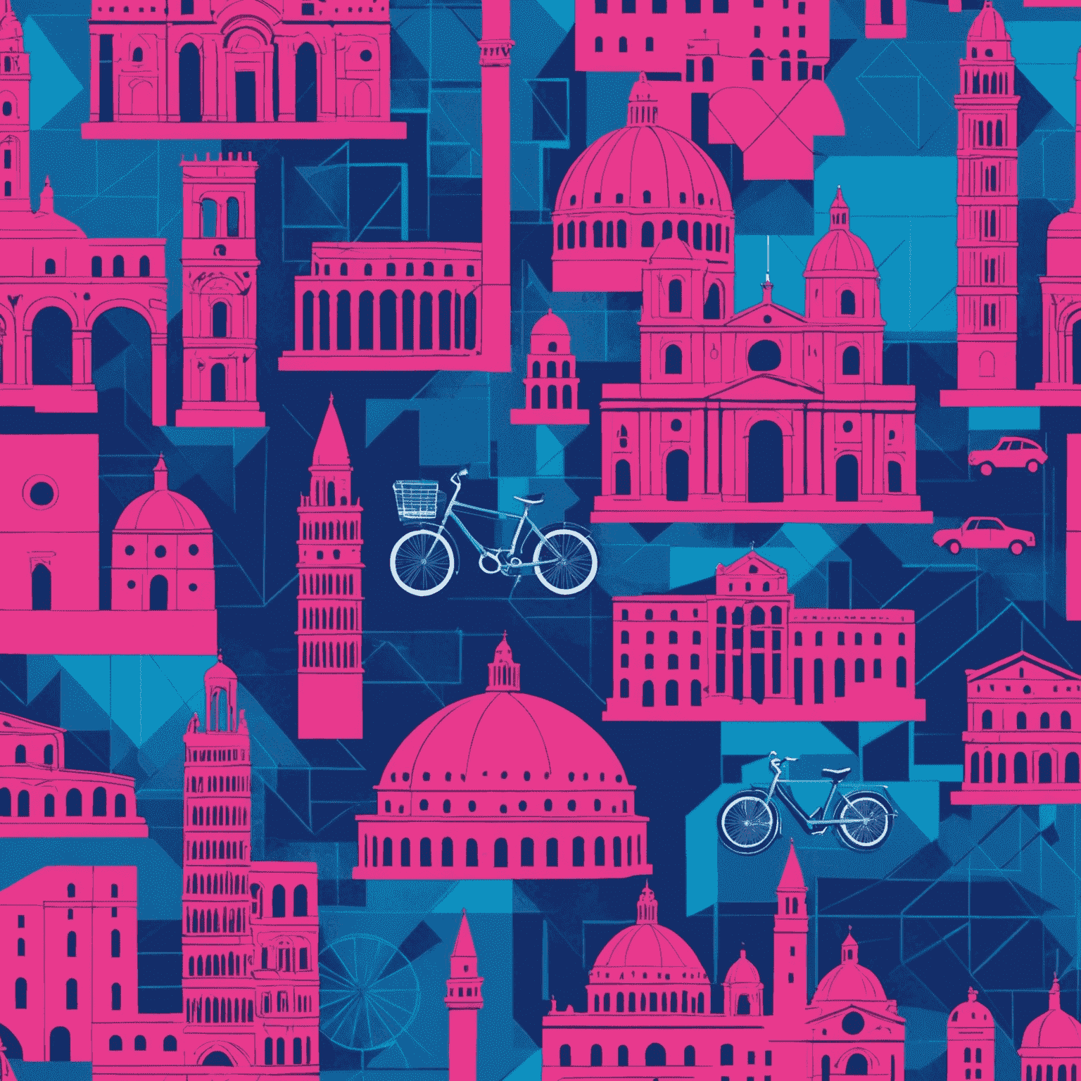 A vibrant collage showcasing various Italian landmarks and experiences, with bold geometric overlays in electric blue and neon pink