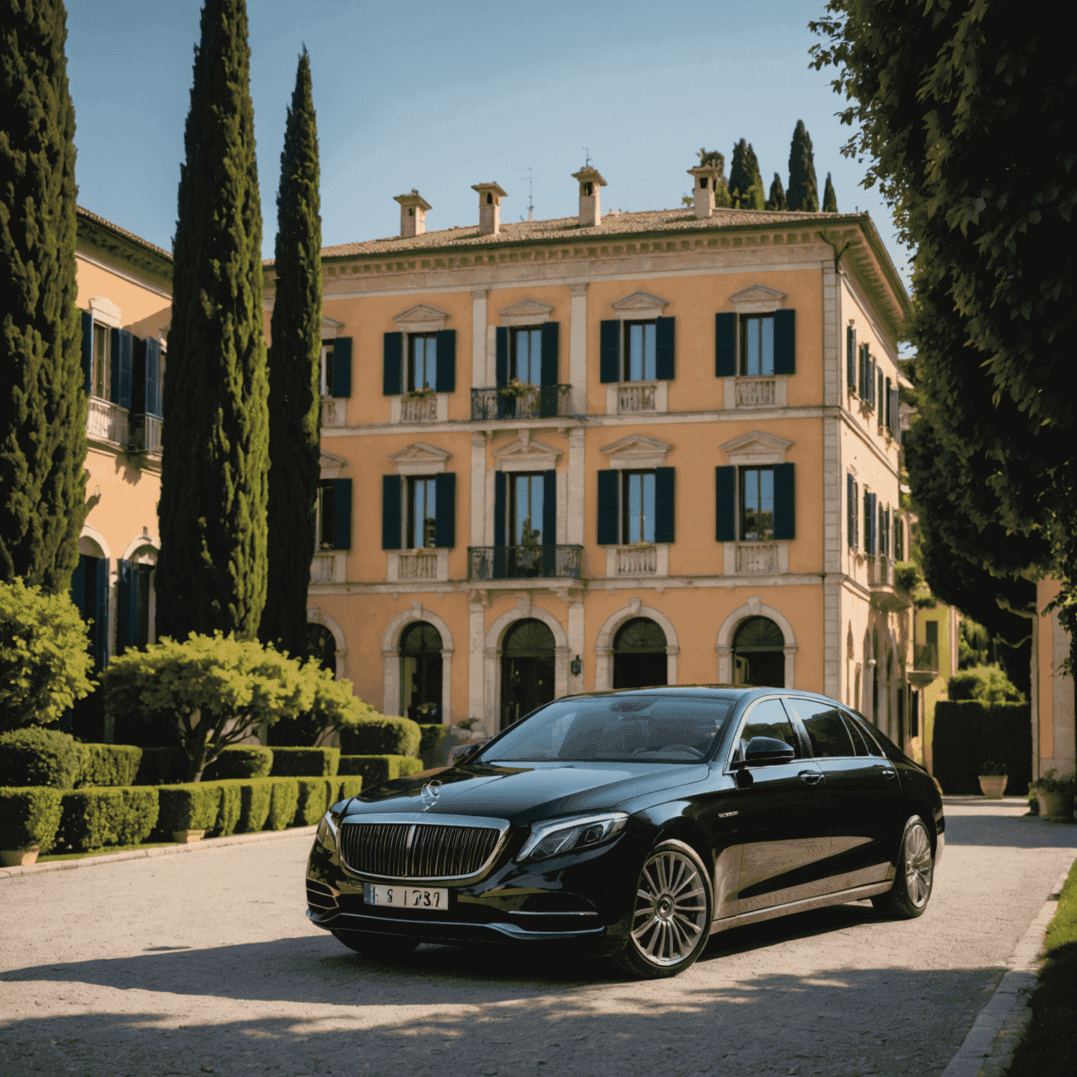 Luxurious private car transfer service in Italy, showcasing a sleek black sedan parked in front of a picturesque Italian villa