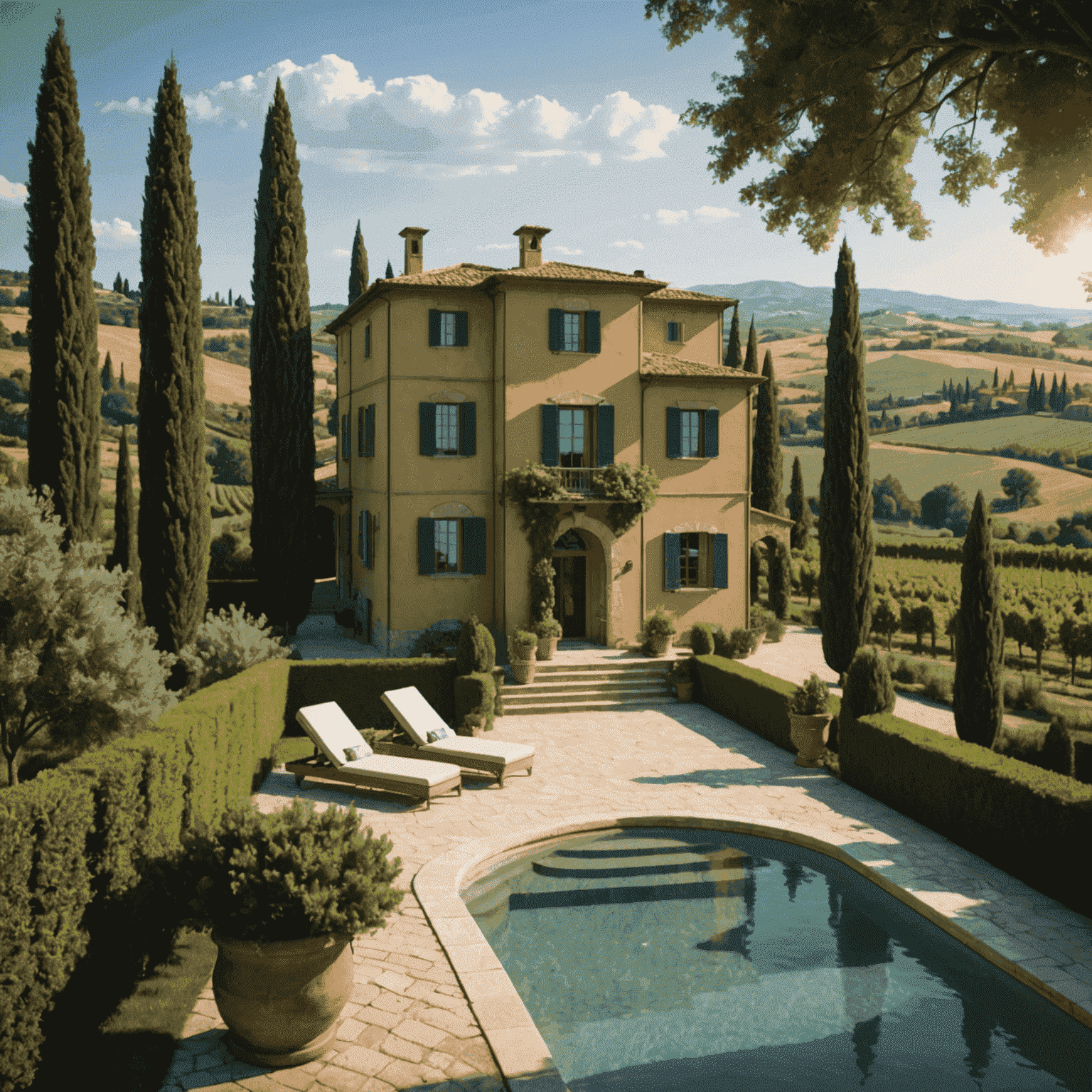 A luxurious Italian villa with a pool overlooking the Tuscan countryside, surrounded by cypress trees and vineyards