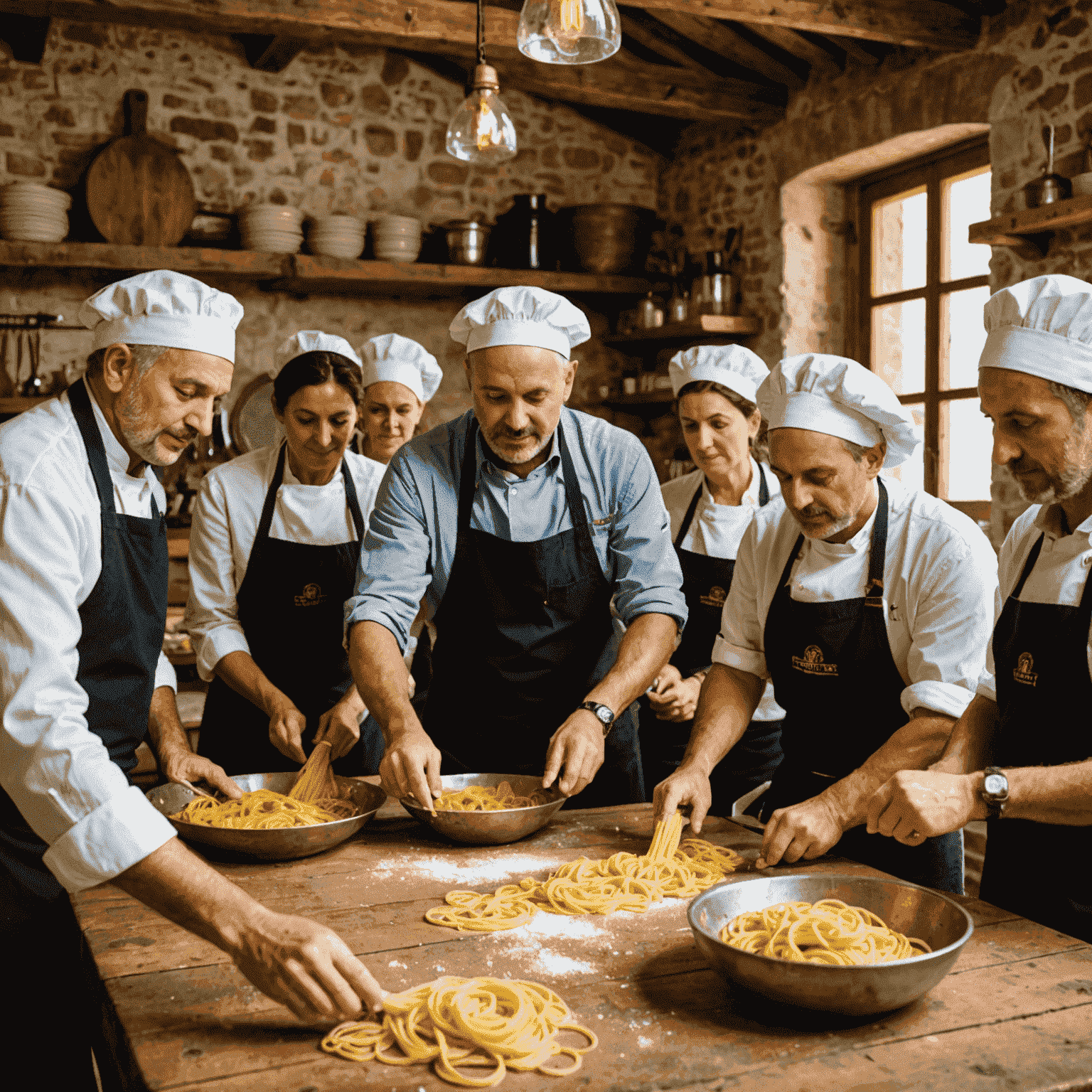 Italian cooking class with chef demonstrating pasta making techniques to a group of tourists in a rustic kitchen