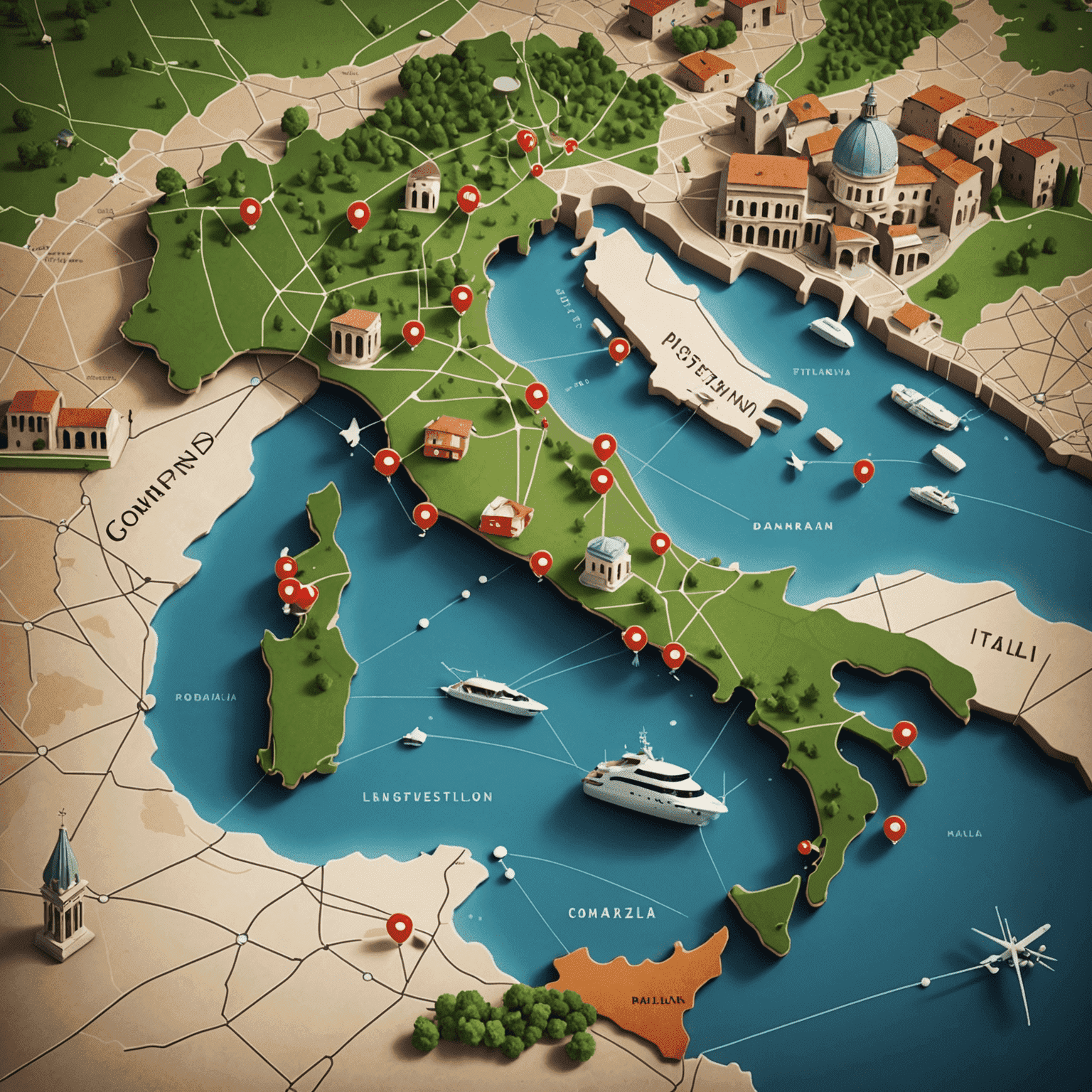 A stylized map of Italy with pulsating nodes representing Comnpound's network and influence. The image showcases a blend of traditional Italian landmarks and futuristic travel concepts.