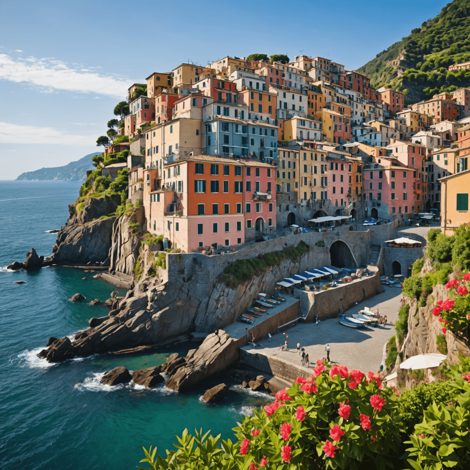 A picturesque view of the colorful houses of Cinque Terre perched on coastal cliffs overlooking the Mediterranean Sea