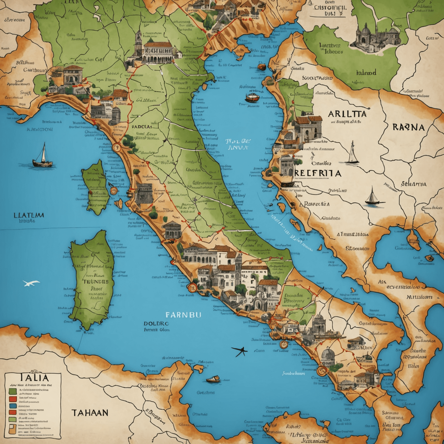 A personalized map of Italy with highlighted routes, attractions, and handwritten notes, showcasing a tailored travel plan