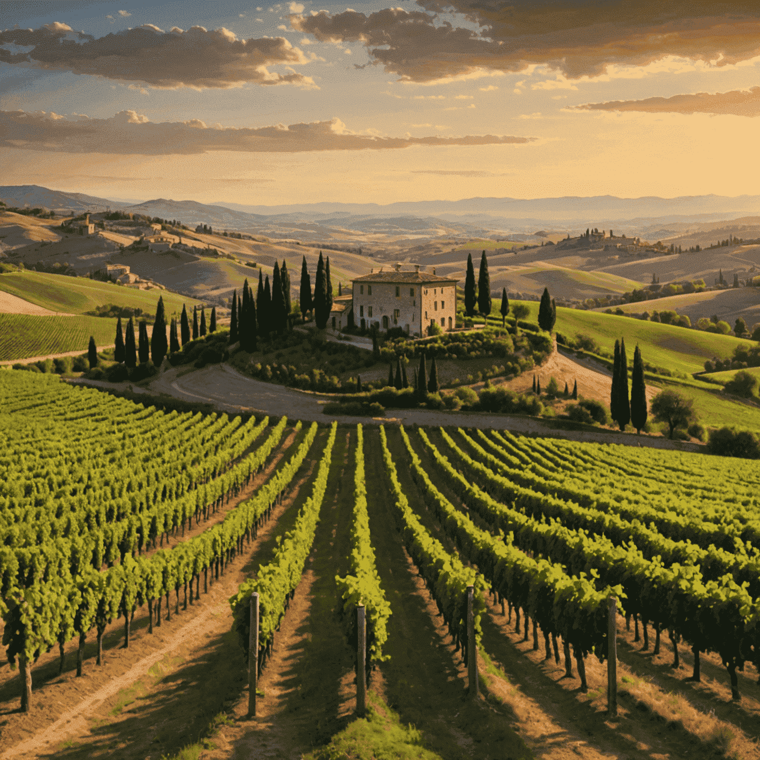 A picturesque Tuscan vineyard at sunset, with rolling hills and cypress trees in the background