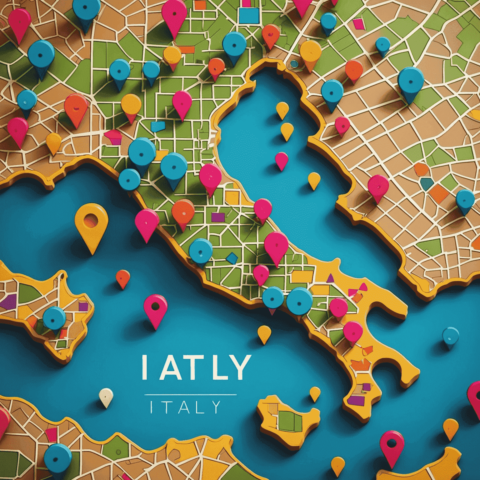 A stylized map of Italy with vibrant, neon-colored pins marking various destinations, surrounded by dynamic geometric patterns