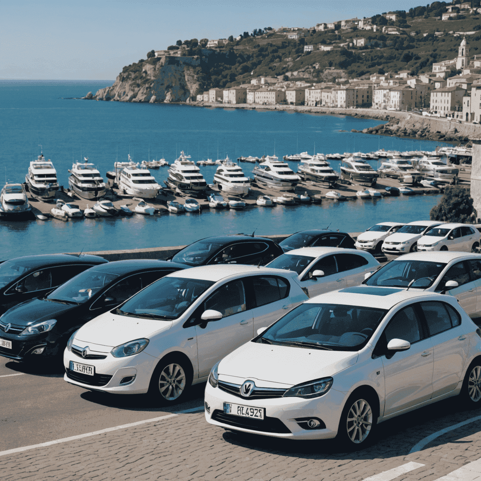 A variety of rental cars parked in a row, ranging from compact city cars to luxury vehicles, with an Italian coastal town in the background