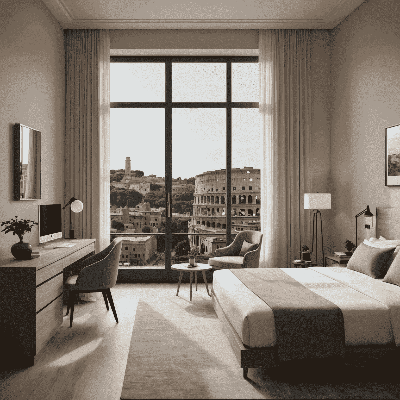 A modern, minimalist hotel room in Rome with a view of the Colosseum