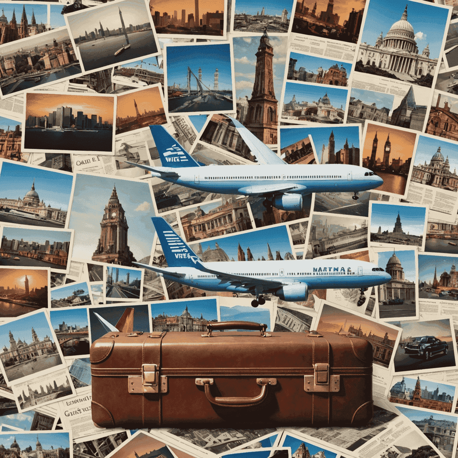 A collage of travel-related images including airplanes, suitcases, and famous landmarks, with breaking news headlines overlaid