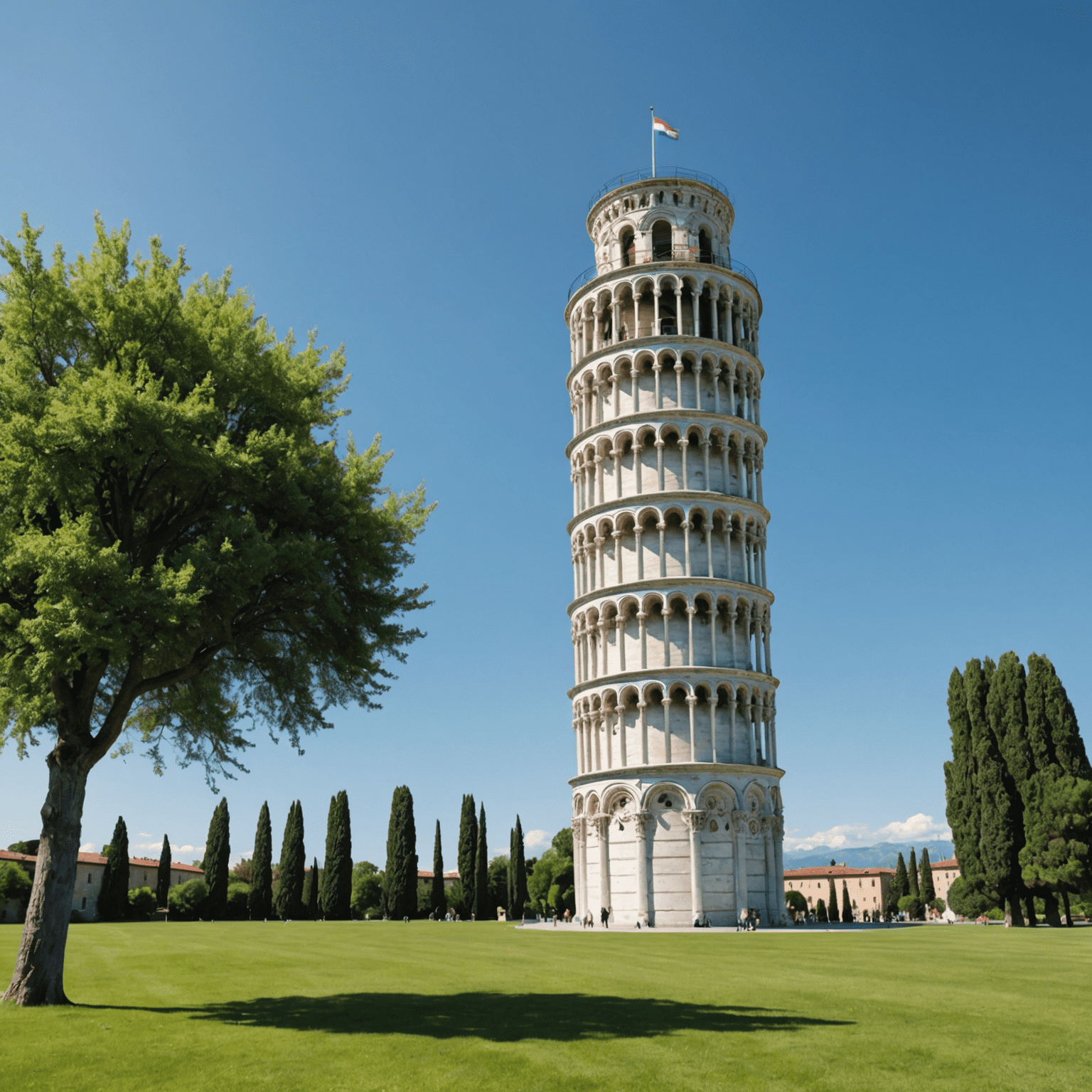 The iconic leaning tower of Pisa standing tall against a clear blue sky, surrounded by lush green grass