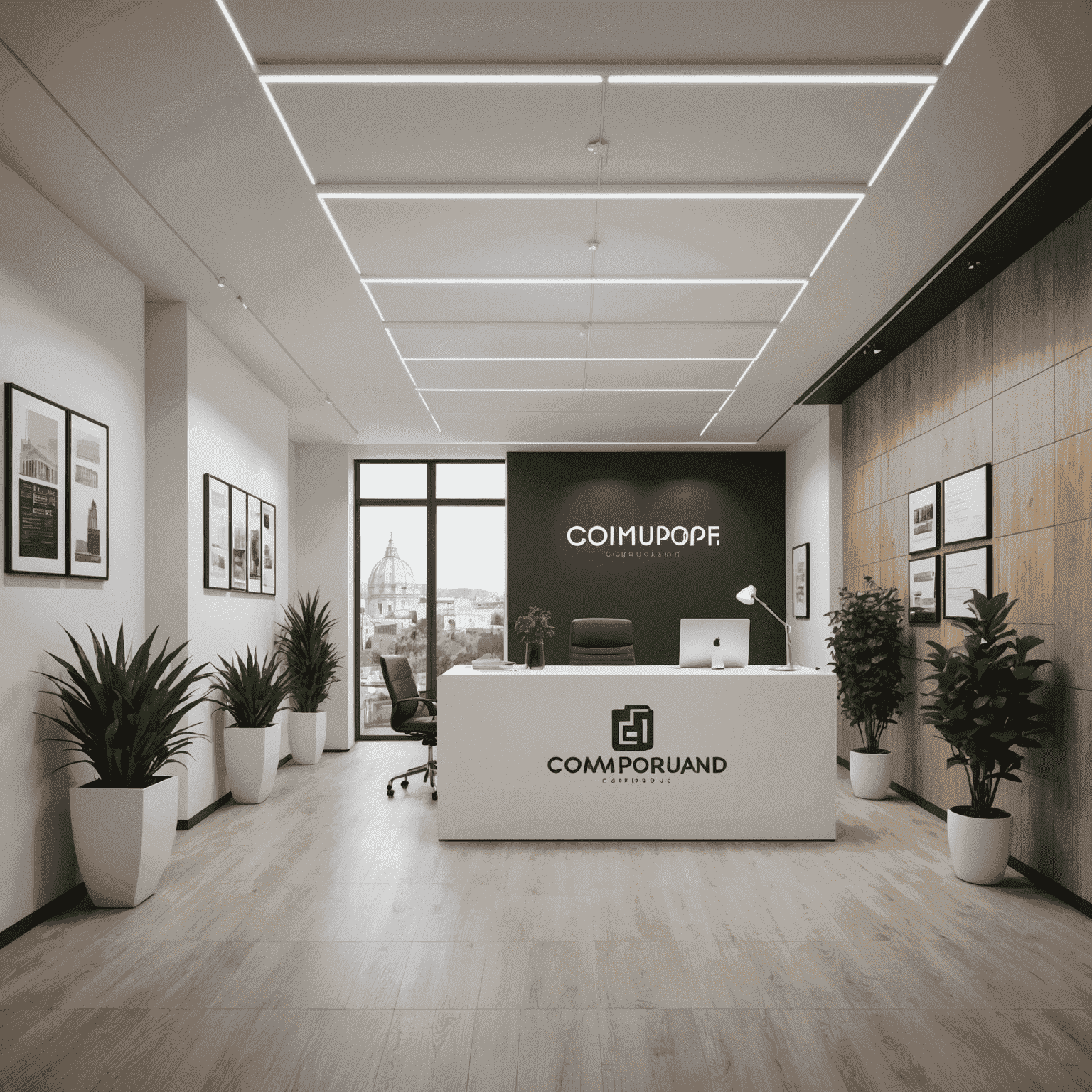 Modern, sleek office space with Comnpound branding, showcasing the company's new headquarters in Rome