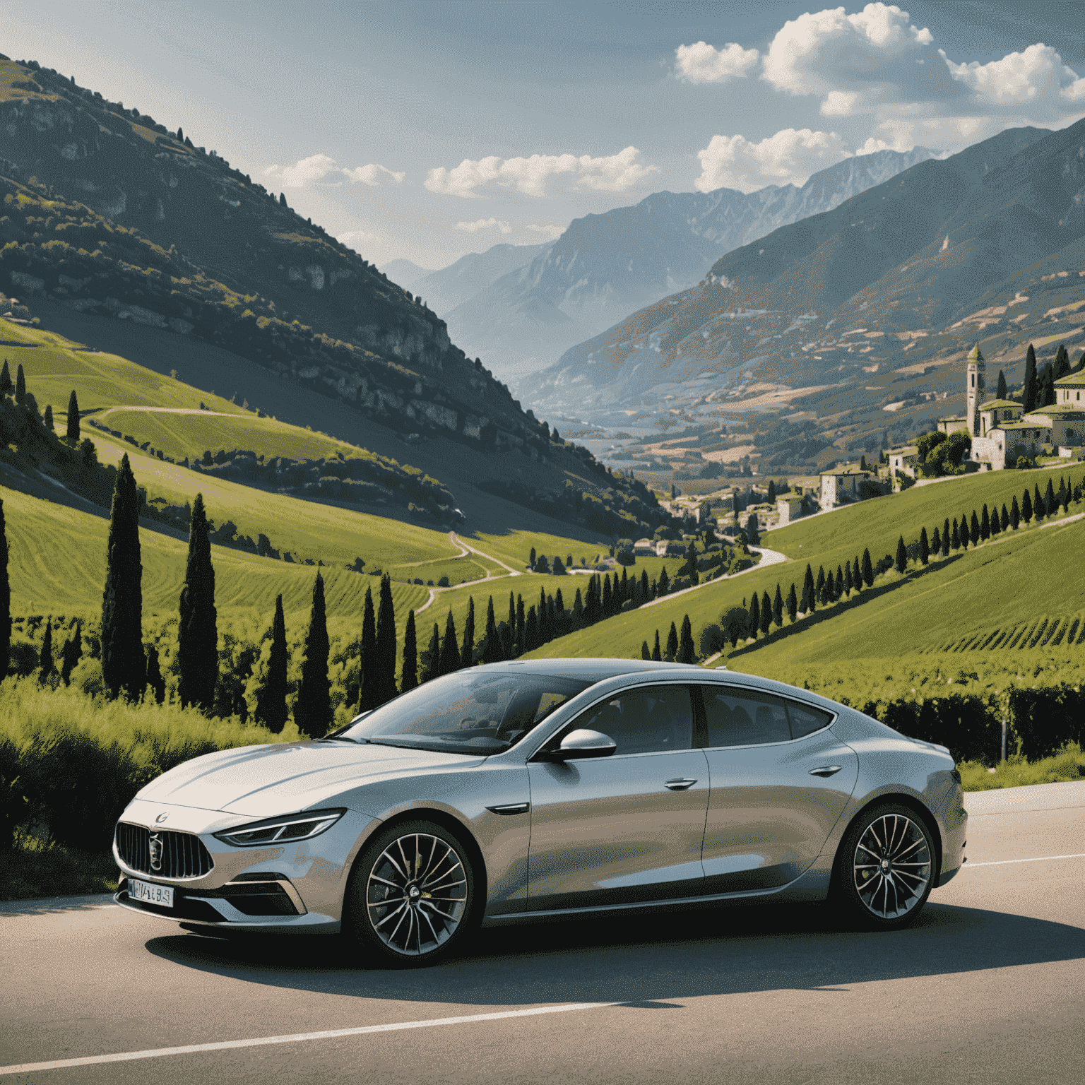 A sleek, modern car with the Comnpound logo, parked in front of a picturesque Italian landscape