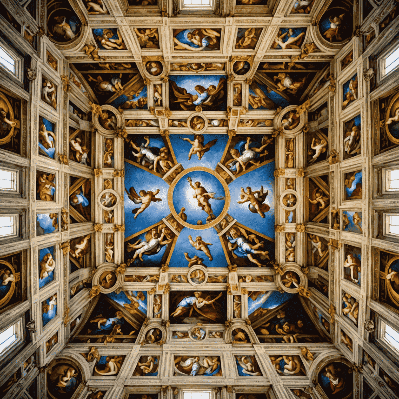 The intricate ceiling of the Sistine Chapel, showcasing Michelangelo's famous frescoes