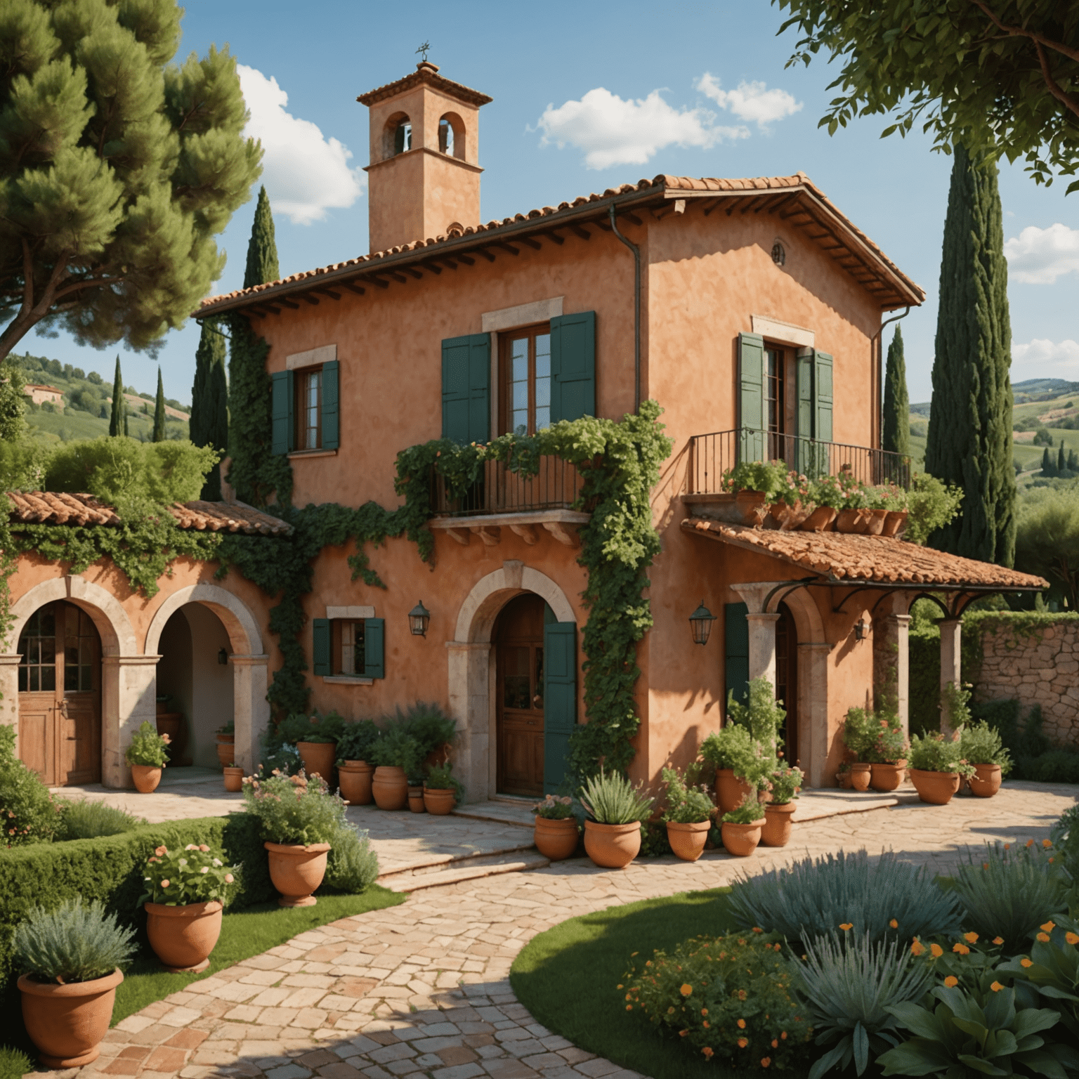 A charming Tuscan villa with terracotta roof and a lush garden