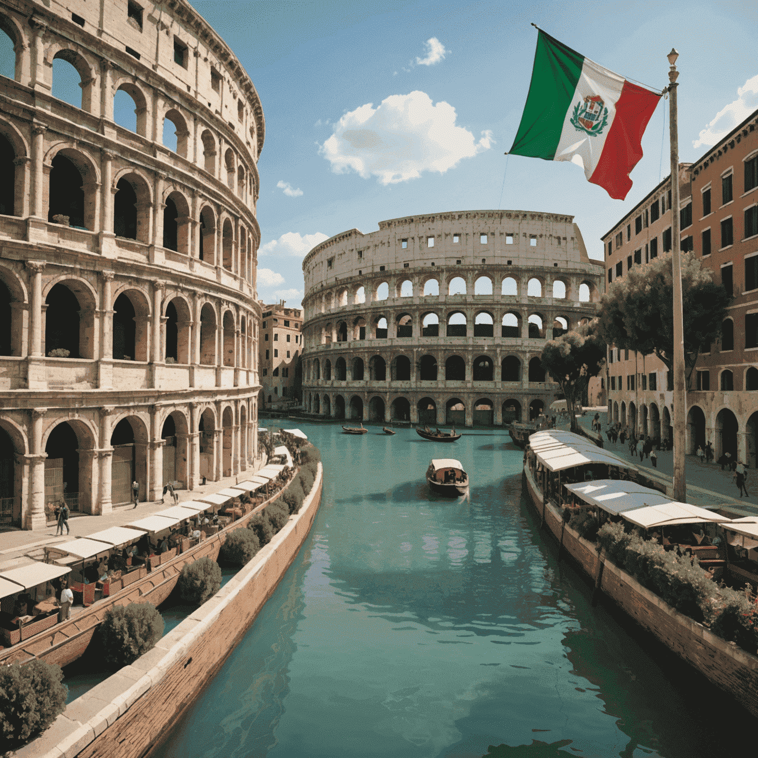 A scenic view of Italian landmarks like the Colosseum and Venice canals, with travel update icons and Italian flag elements