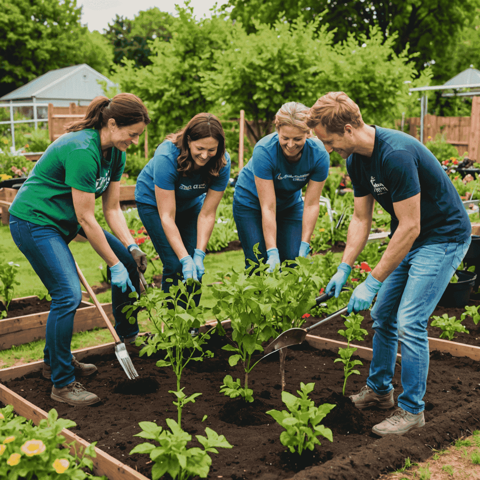 Comnpound team members volunteering at a local community garden, planting trees and flowers