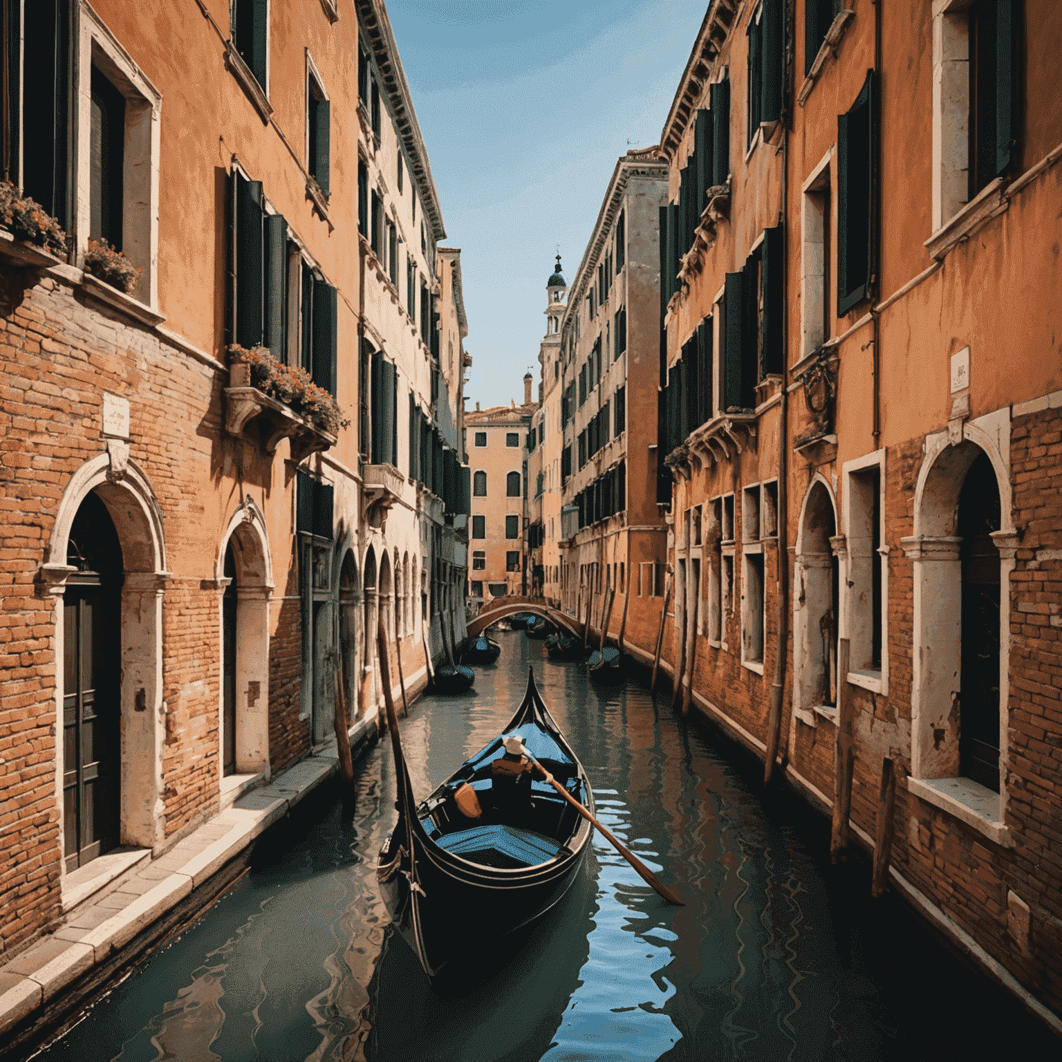 A gondola navigating through the narrow canals of Venice, passing by colorful historic buildings