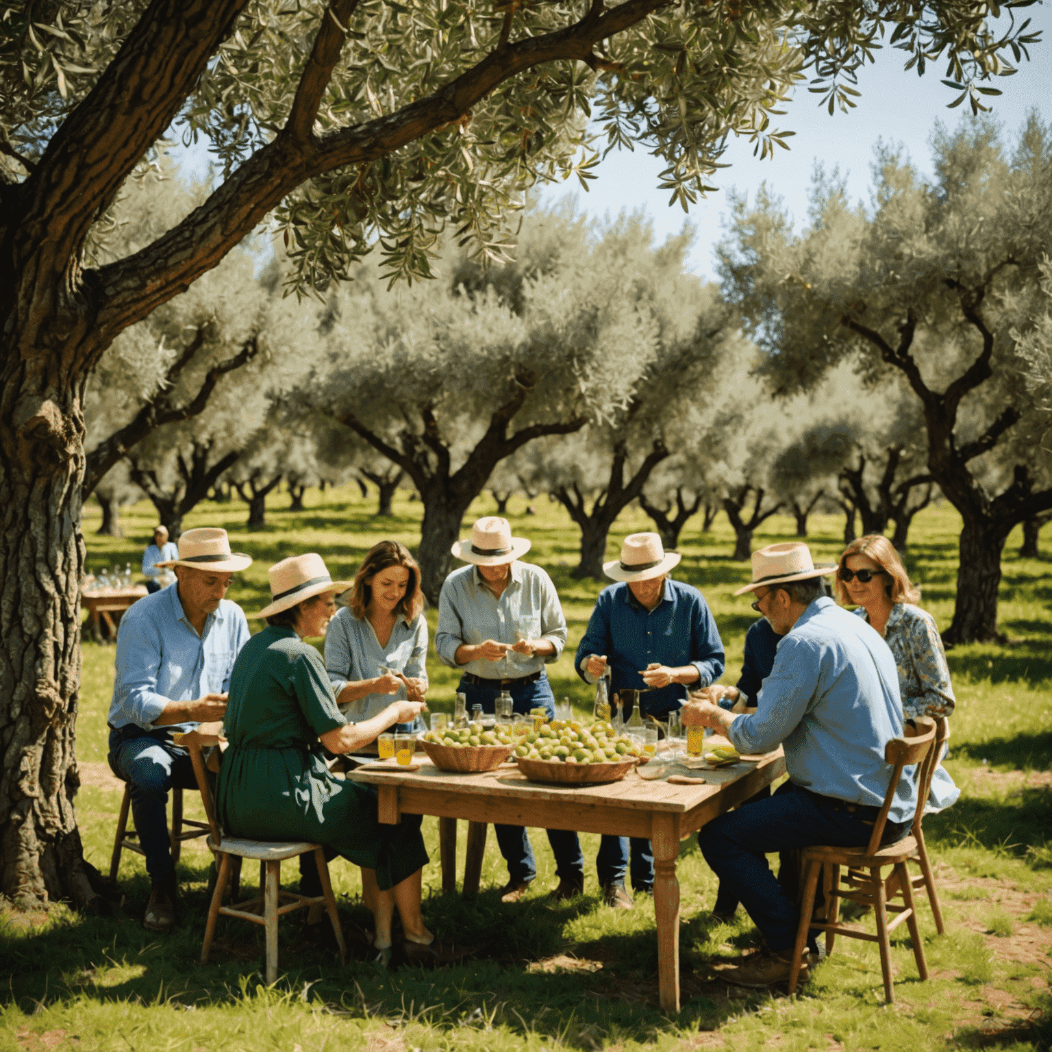 Olive oil tasting session in a traditional Italian olive grove with tourists sampling different varieties