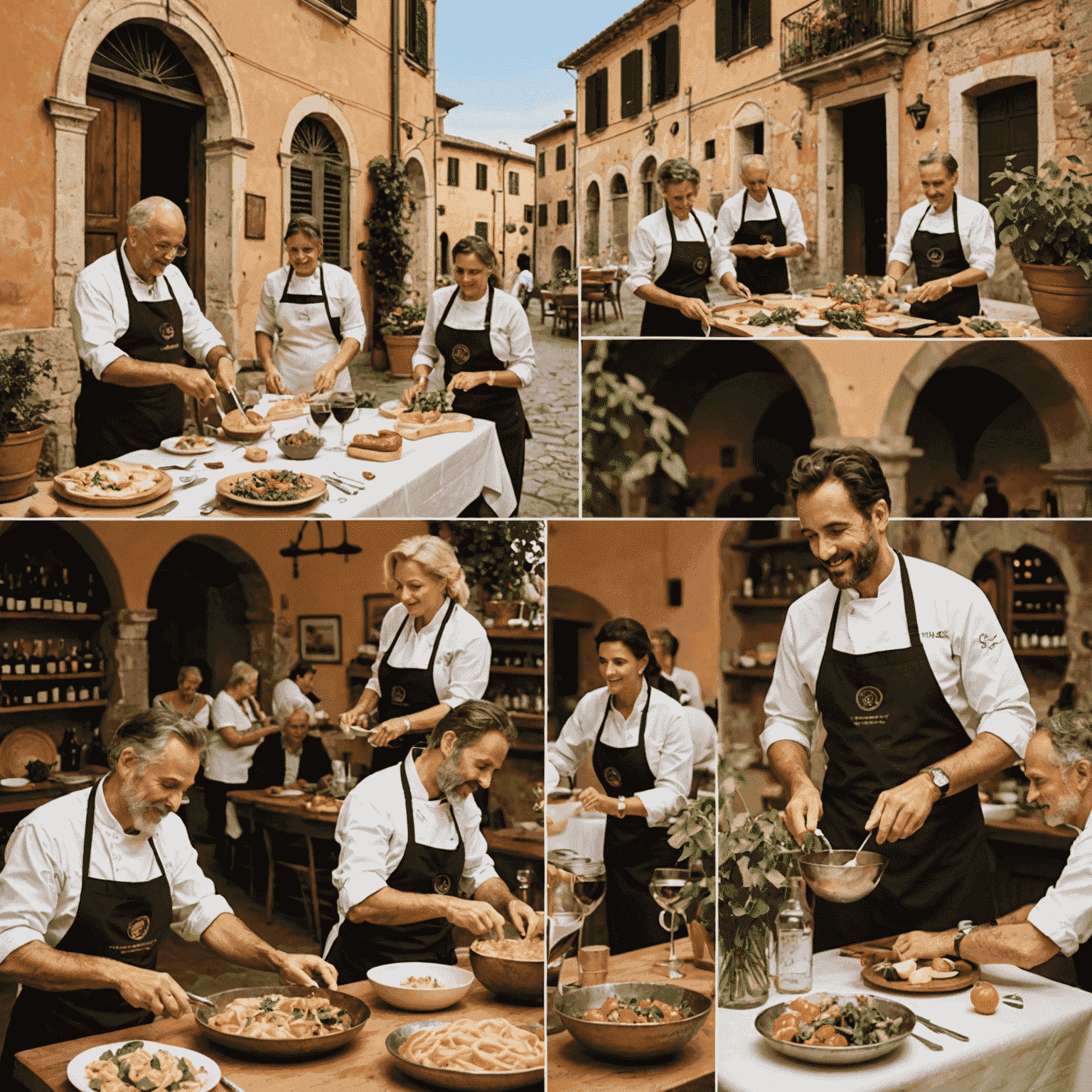 A montage of authentic Italian experiences: a cooking class, wine tasting, and traditional craft workshop