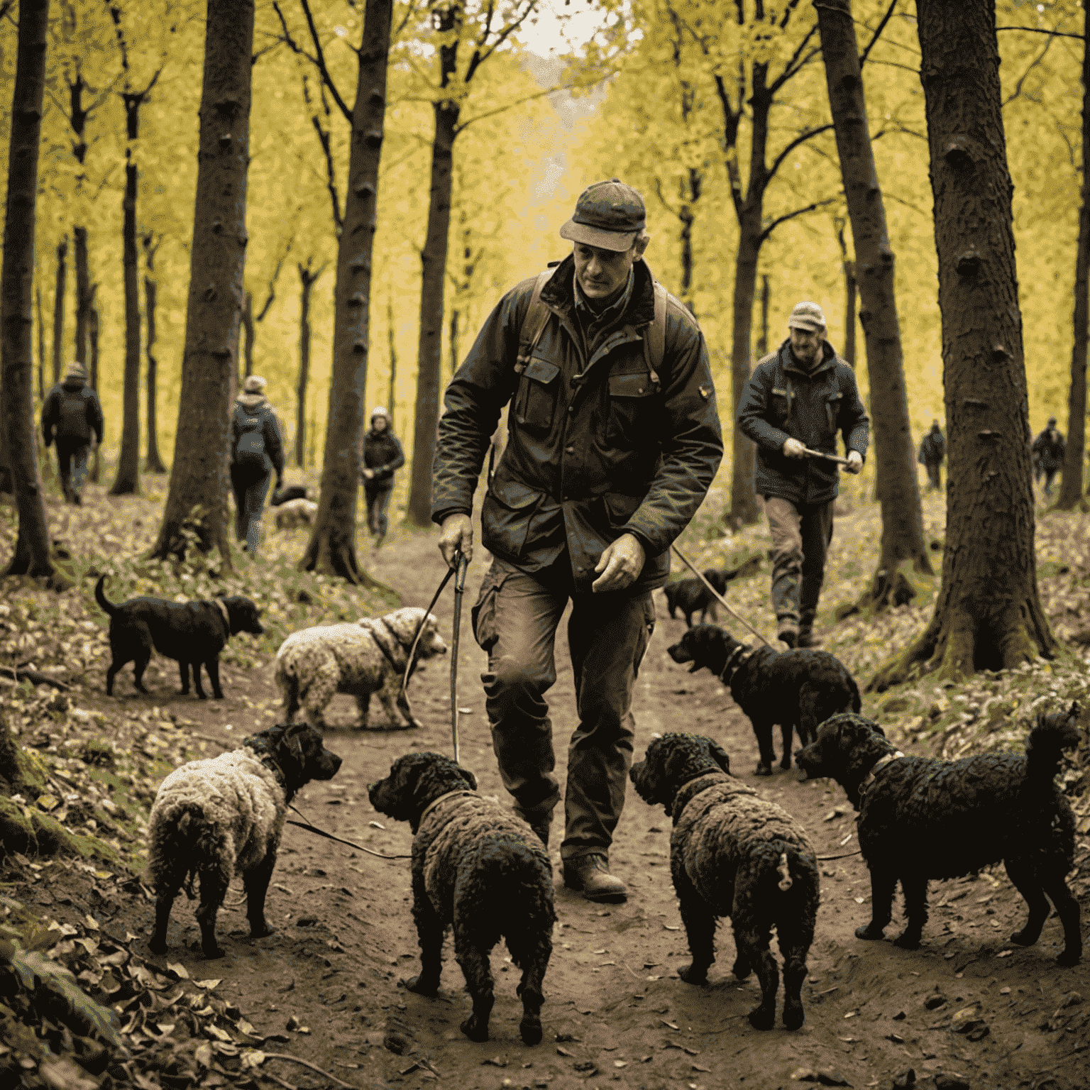 Truffle hunting experience in Italian countryside with tourists and dogs searching for truffles