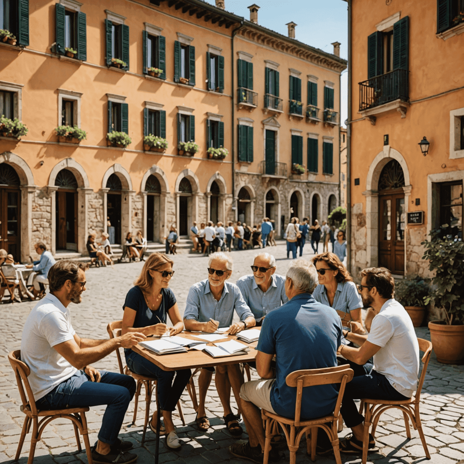 Italian language class in a picturesque setting with tourists practicing conversation